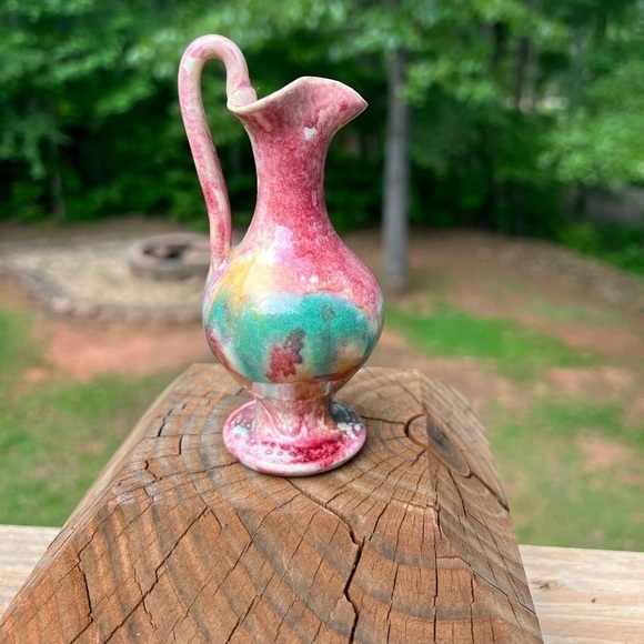 Drip Glaze Arts Crafts Clay Pottery Mini Pitcher Bud Vase 4in Handmade Artisan - Picture 2 of 9